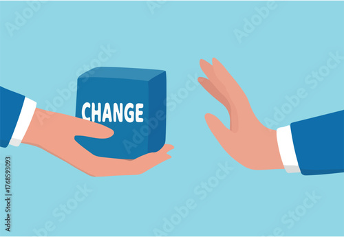 Status quo bias, fear or refuse to change, comfort zone or conservative thinking, afraid of changing risk or resist to make decision concept, businessman hand denied or refuse to get change cube box