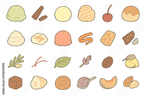 Hand-drawn dessert and ingredient icons on gradient background