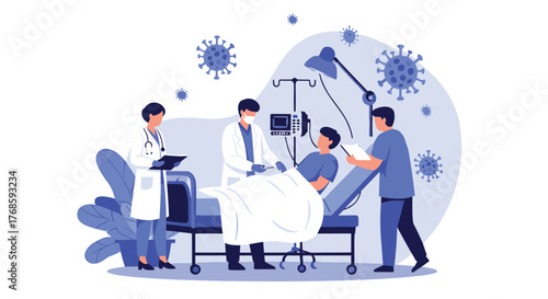 Medical professionals attend to a patient in a hospital bed surrounded by representations of the coronavirus.