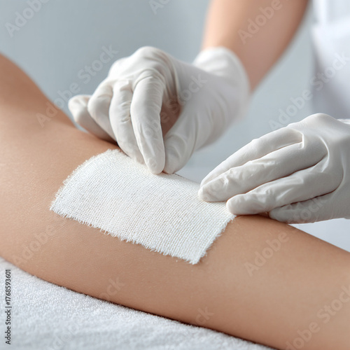 Person receiving wound care with bandage on arm in medical setting during daytime