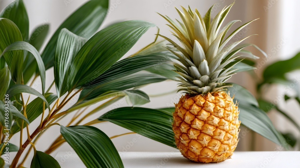 Fototapeta premium Whole pineapple fruit standing on white table with green plants