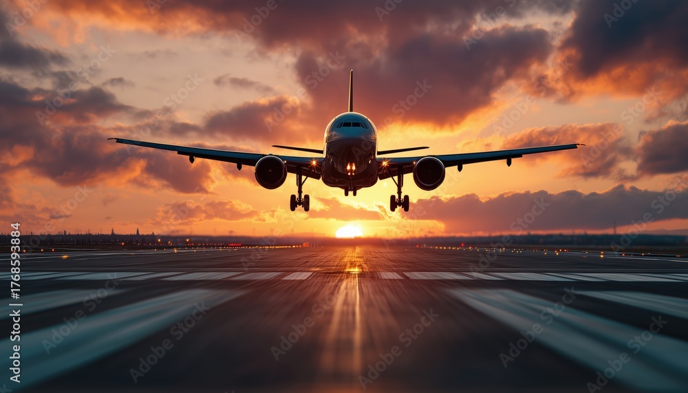Naklejka premium Modern Passenger Airplane Touching Down At Airport Amidst A Stunning Evening Sunset Sky. Travel Restrictions During Covid-19 Pandemic.