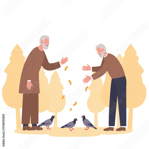 Senior men feeding birds. Elderly men scattering birdseed. Older men feeding pigeons outdoors. Retirees feeding birds together. Elderly set