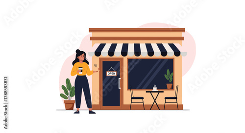 A woman stands outside a cafe holding a coffee cup and looking at an open sign on the door.