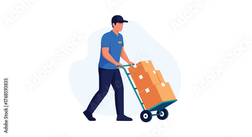 Delivery person in a blue uniform pushes a hand truck loaded with several cardboard boxes.