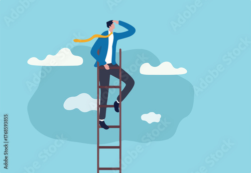 Ladder of success, vision to lead business to achieve goal or opportunity in career concept, smart confident businessman leader climb up to reach top of ladder high in the sky look forward to future