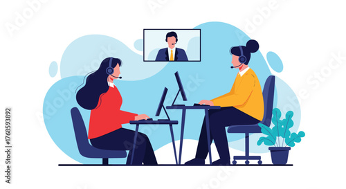 Two people wearing headsets work at computers while participating in a video conference call.