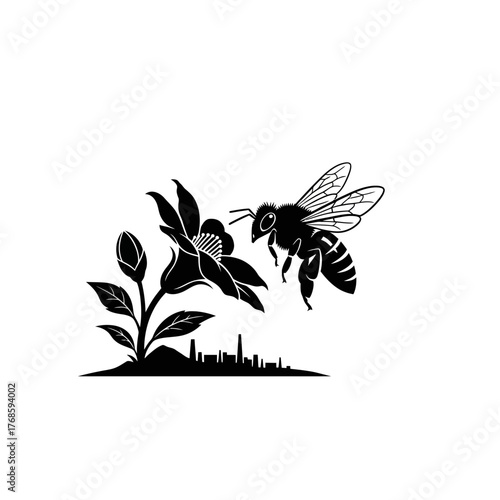 Urban Bee Pollinating Flower Near Cityscape Nature Conservation Efforts Graphic