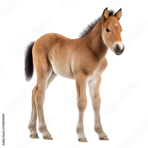 Graceful baby horse foal standing isolated on transparent background