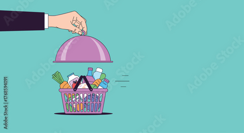 Hand revealing a purple serving dome over a basket full of groceries.