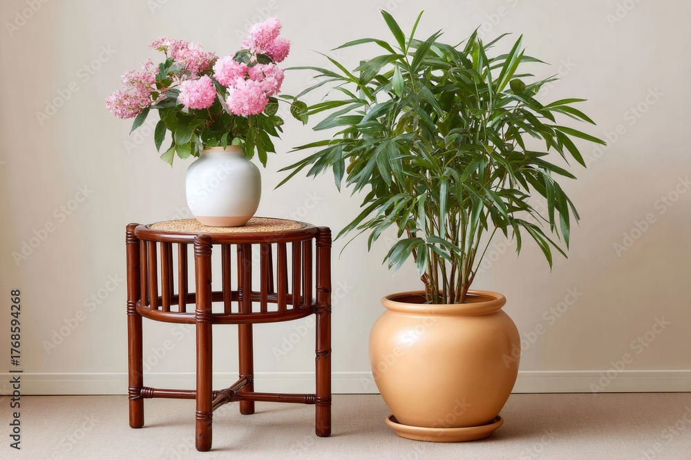 Fototapeta premium Pink flowers in white vase on bamboo table with houseplant
