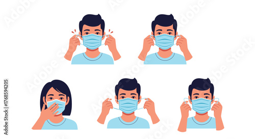 Illustration showing how to properly wear a face mask, covering nose and mouth.