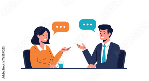 A man and a woman are sitting at a table having a conversation with speech bubbles above them.