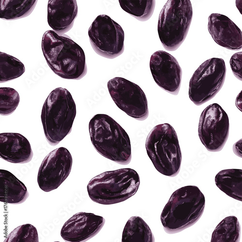 A seamless pattern of dark purple raisins scattered on a plain white background in a random arrangement