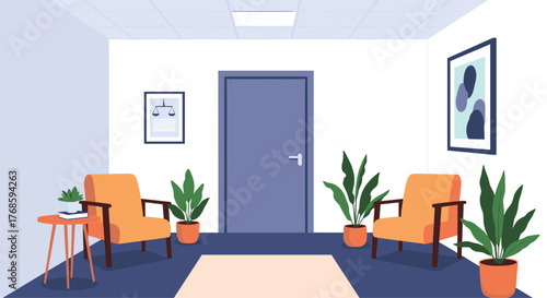 Modern waiting room with orange chairs, plants, and artwork for legal office.