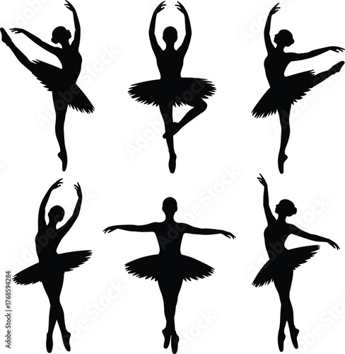 Six black ballet dancers in silhouette performing various poses