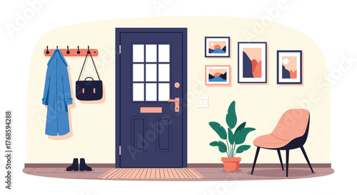 Cozy entryway with a blue door, coat rack, framed art, and a chair.