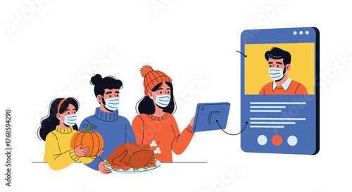 Family celebrating Thanksgiving virtually with a video call on a tablet.