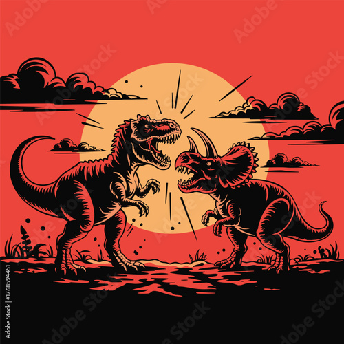 Tyrannosaurus Rex and Triceratops facing off at sunset