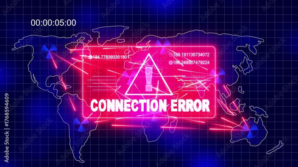 Connection Error Alert Warning Message Attack on World map. Wire frame ...