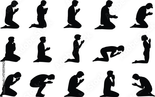 Prayer silhouette, kneeling figure, spiritual pose, meditation gesture, religious devotion, black graphic, vector illustration, worship moment, faith icon, reverencePrayer silhouette,