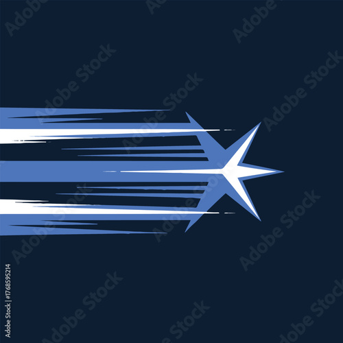 A stylized blue and white star with motion lines on a dark blue background illustration design