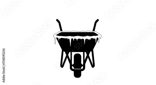 Wheelbarrow with ice and frost in black silhouette on transparent background  
