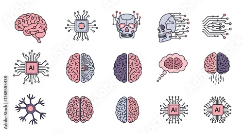 Brain and AI Chip Icon Set with Advanced Technology Design