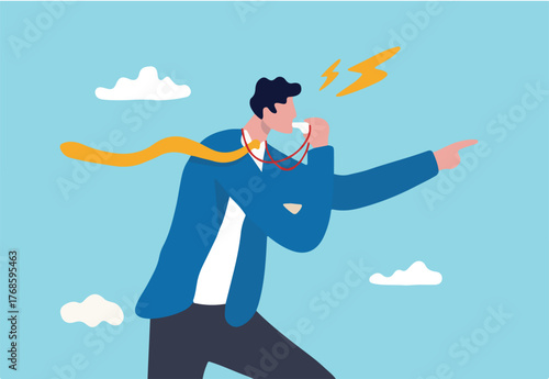 Business whistleblower the misconduct inside person to illegally disclose information to public concept, businessman blowing the whistle out load while pointing signal to tell other people