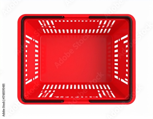Empty red plastic shopping basket top view isolated on white background