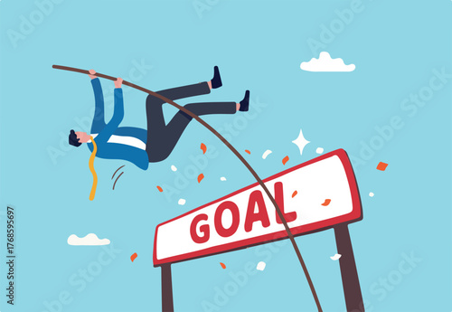 Reach business goal or target, success, achievement or challenge to overcome obstacle and win competition, performance or skill to reach goal, winner concept, businessman pole vault jump reach goal