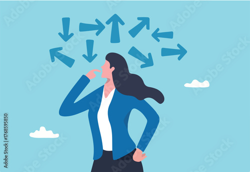 Tough decisions, choosing career path, make choices or think about final result, business directions challenge, confusion or decide options concept, businesswoman thinking and make business decisions