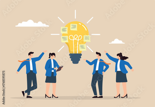Flat illustration of business people brainstorming with sticky note on bright lightbulb idea effective team meeting discover solution