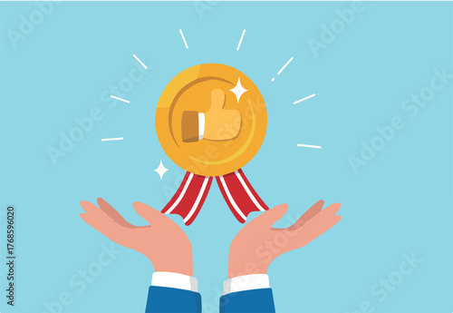 Endorsement or recommendation for employee or product, high quality approval, public support or positive satisfaction evaluation concept, businessman hand giving thumb up honor endorsement badge