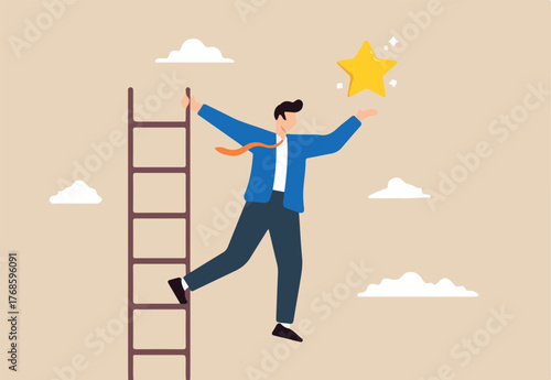 
Businessman climb ladder of success to reach star target