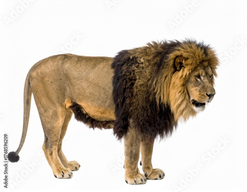 Majestic male lion with brown fur and dark and light brown mane standing isolated on white background