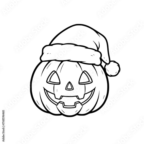 Cheerful pumpkin wearing Santa hat, simple holiday coloring page for toddlers Generative AI
