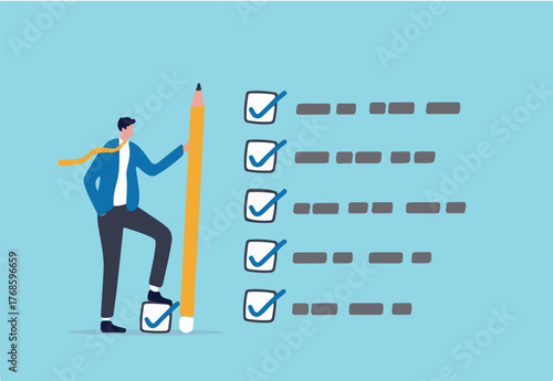 Getting things done, completed tasks or business accomplishment, finished checklist, achievement or project progression concept, businessman expert holding pencil tick all completed task checkbox
