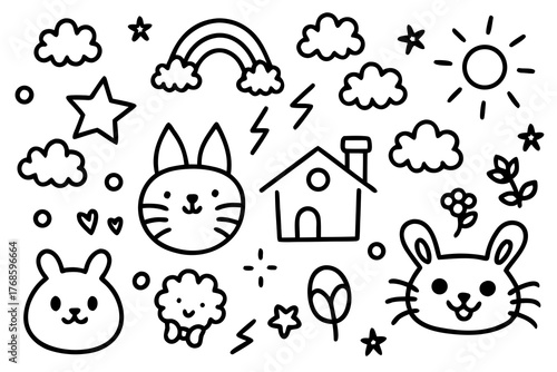 Cute hand drawn doodle elements featuring animals and nature