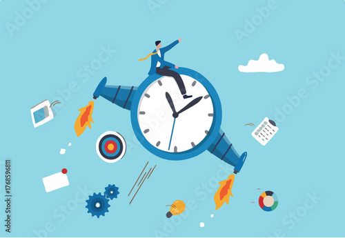 Improve productivity or efficiency, time management to finish within deadline, performance improvement or success concept, businessman riding fast flying clock with jetpack increasing productivity