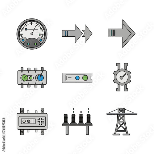 Vector icon set illustrating electrical engineering and power industry concepts like energy distribution, measurement, and control