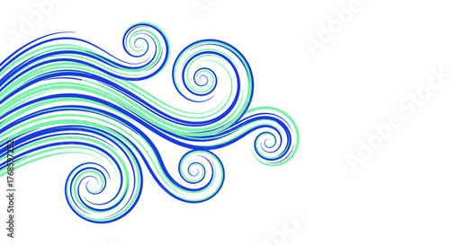 Abstract swirling lines in shades of blue and green, a dynamic and flowing design element on white background