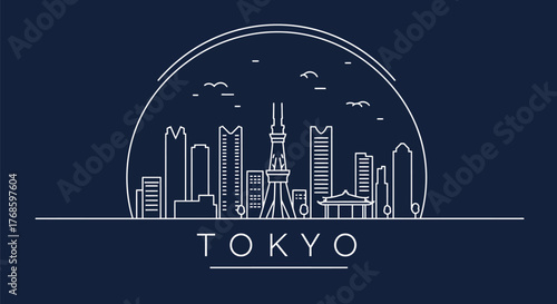 Tokyo City Skyline Line Art Illustration with Iconic Landmarks in Dome Frame