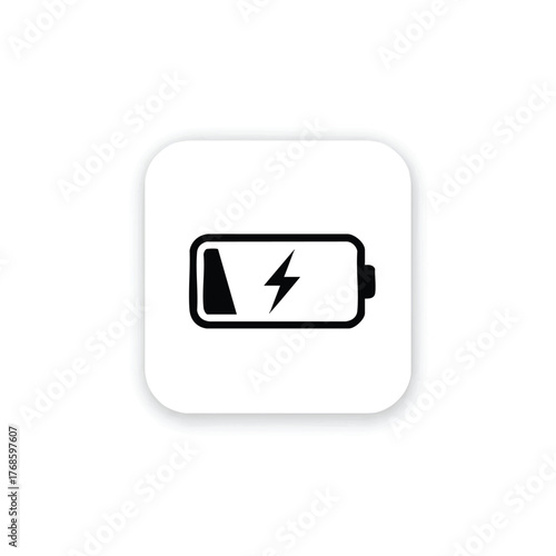 Flat vector illustration showing a modern, minimalistic battery icon with a charging lightning bolt indicator centered against a clean white background.