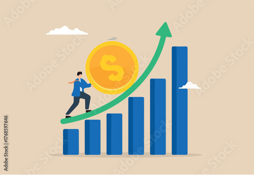 Flat illustration of businessman pushing large dollar coin upward rising bar chart financial growth investment effort earning profit saving pension fund and business success