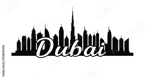 Dubai Skyline Silhouette with Calligraphy Text and Iconic Landmarks Vector Illustration