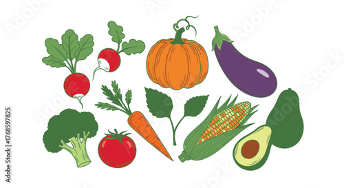 Vibrant assortment of fresh vegetables ready for healthy cooking, ideal for vegan recipes or a modern farmers market promotion, originally a scalable vector graphic