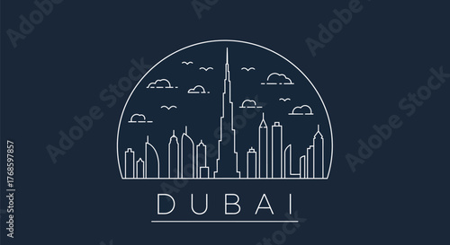 Dubai Skyline Line Art Illustration with Iconic Landmarks and Palm Trees in Dome Frame