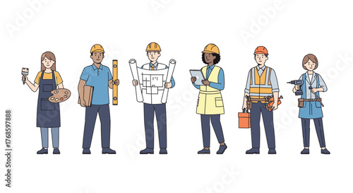 Diverse skilled tradespeople showcase professional expertise in construction, design, and home improvement industries, highlighting teamwork and craftsmanship