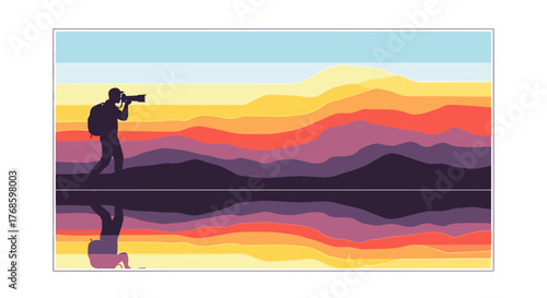 Photographer capturing scenic landscape, beautiful sunset reflected in water, peaceful outdoor adventure, wanderlust theme, travel inspiration, vector art